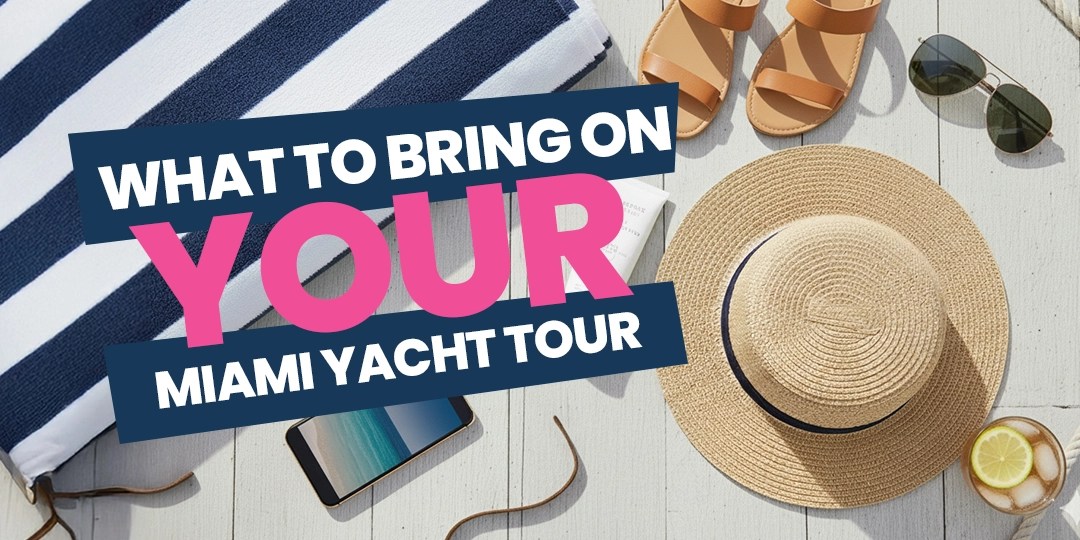 Items for a yacht tour: striped towel, phone, straw hat, sandals, sunglasses, drink.
